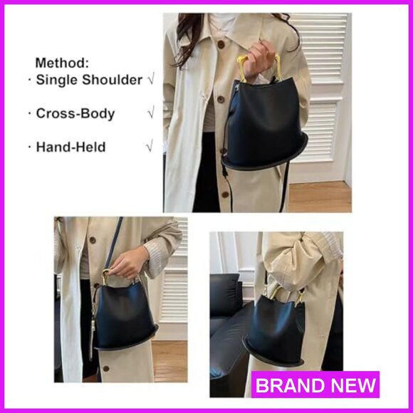 PU Leather Bucket Bag Crossbody Shoulder Purse Top Handle Elegant Chic - Picture 3 of 6